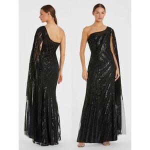 NEW Mac Duggal Black One Shoulder Cape Sleeve Embellished Gown $898 - Size 4